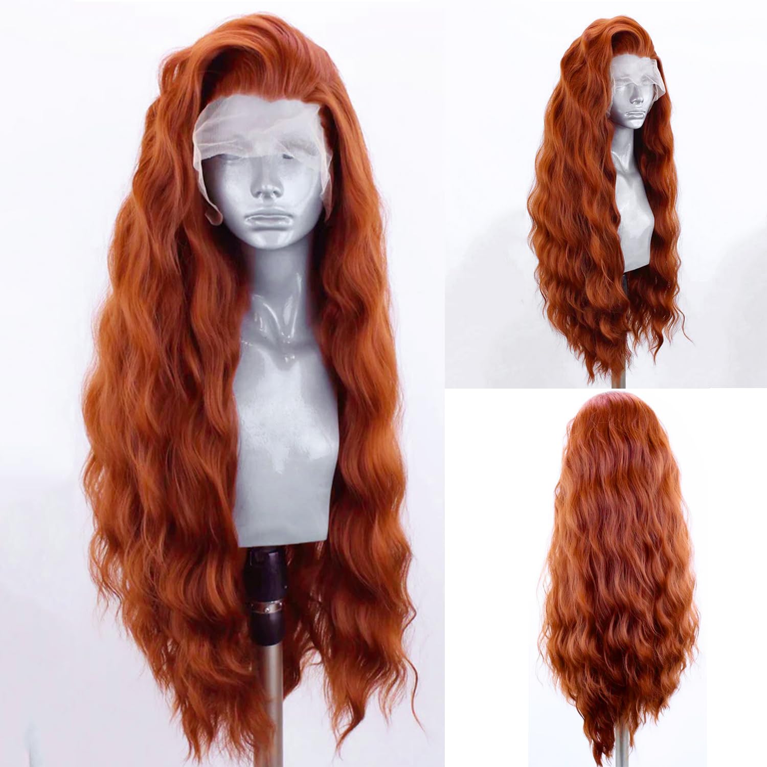 QMSSR Ginger Orange Lace Front Wigs Synthetic Loose Wave Long Heat Resistant Fiber Hair Glueless Lace Front Wigs Copper Red Hair Synthetic Lace Front