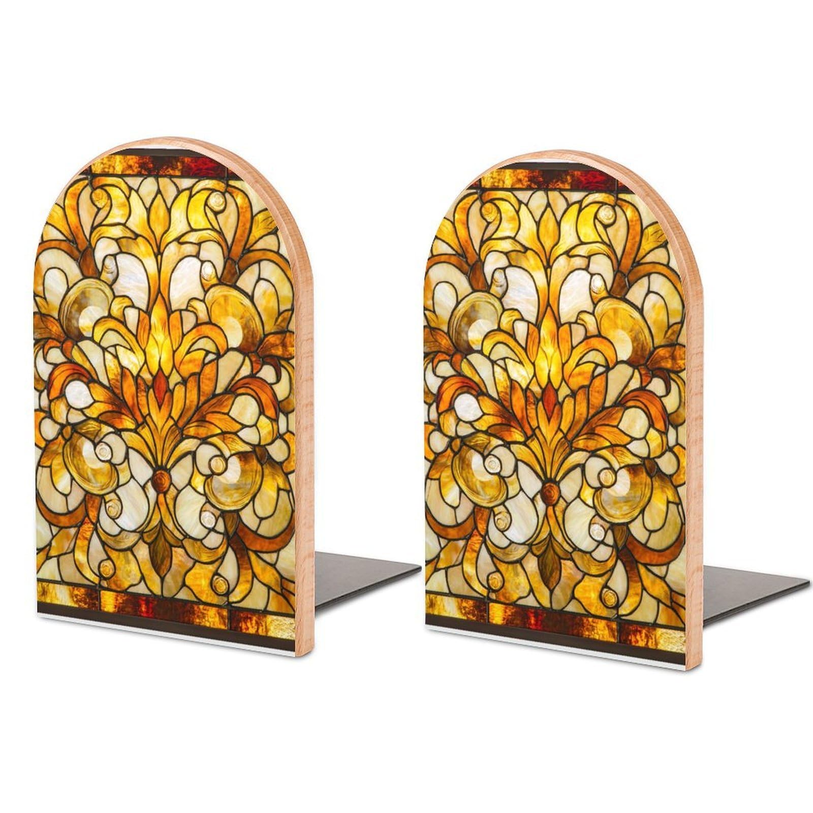 Stained Glass Panel Golden Yellows Floral Iridescent Wooden Bookends Shelves 2 PCS Sturdy Book Holders Desktop Organizer for Home Office Libraries