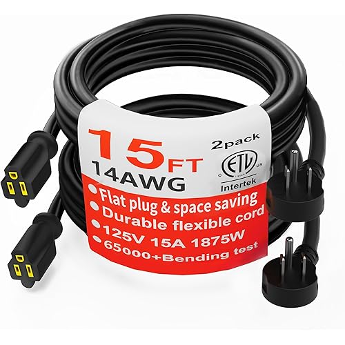 HUANCHAIN 14 Gauge 15 FT (2PACK) Flat Plug Extension Cord Black Indoor Outdoor, Heavy Duty 3 Prong Grounded Low Profile Extension Wire Flexible, 15A 1875W 125V 14AWG SJTW, ETL Listed