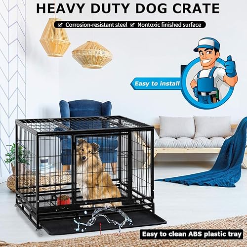 Miniatura 2 de Jaula resistente para perros perrera de 42 pulgadas con ruedas con cerradura jaula de doble puerta de alta ansiedad jaula extra grande XL XXL con