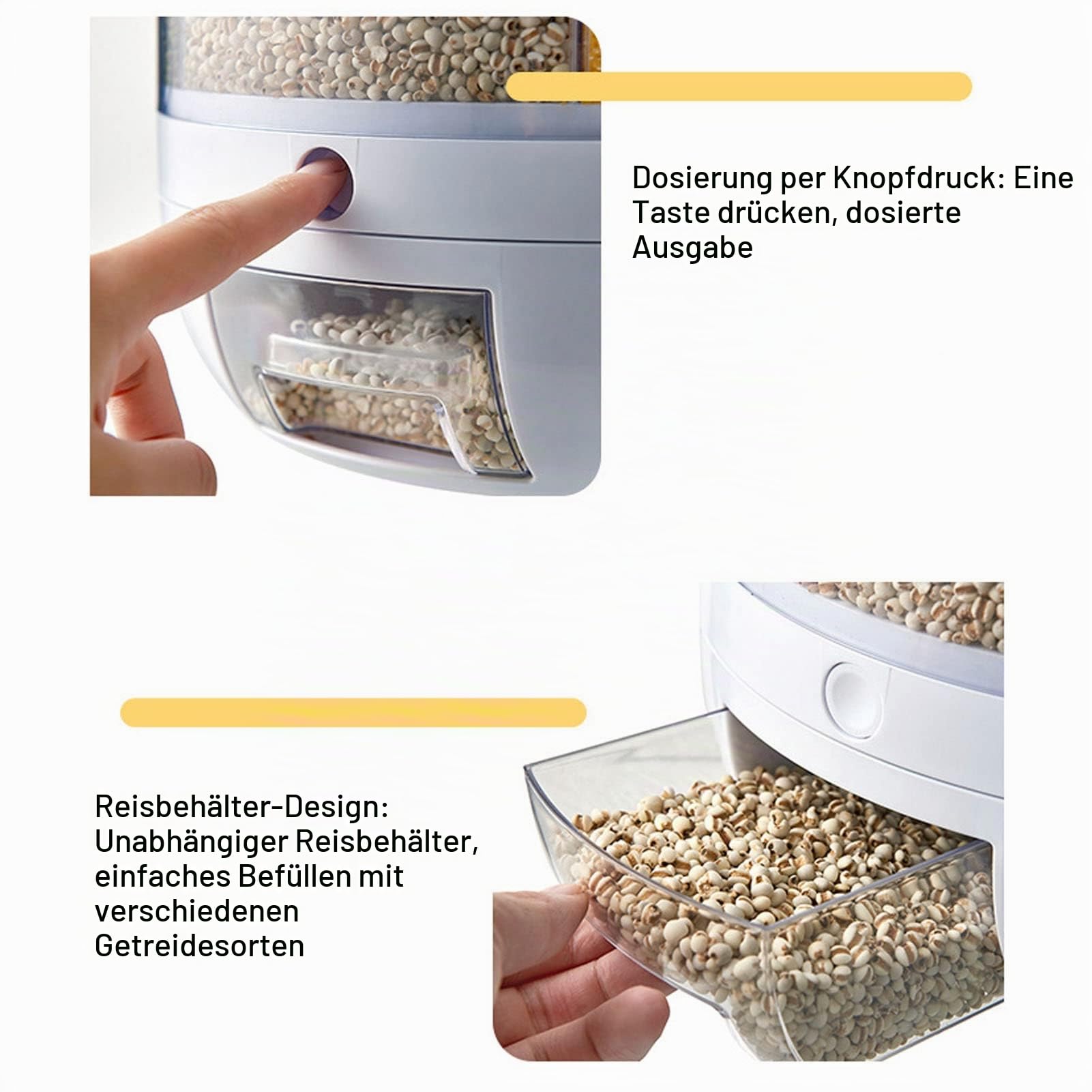 Alvinlite Getreidespender, Reisvorratsbehälter Mit Großem Fassungsvermögen, 6 Gitter, 360 ° Drehbar, Versiegelte Aufbewahrungsbox Für Getreide, Reiseimer, Trockenfutter, Obstbox, 22lb/10kg