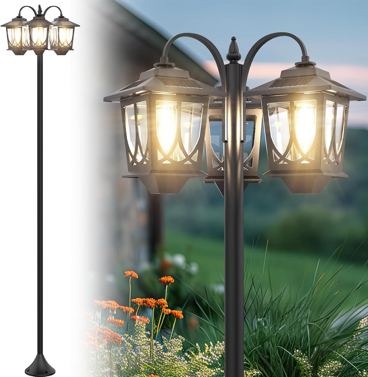 73" Aluminum Solar Lamp Post Light, 3-Head Pole Lights 90LM Waterproof - Auto Dusk to Warm White Dawn Floor Lamp for Outdoor Garden Pathway Replaceable Bulb