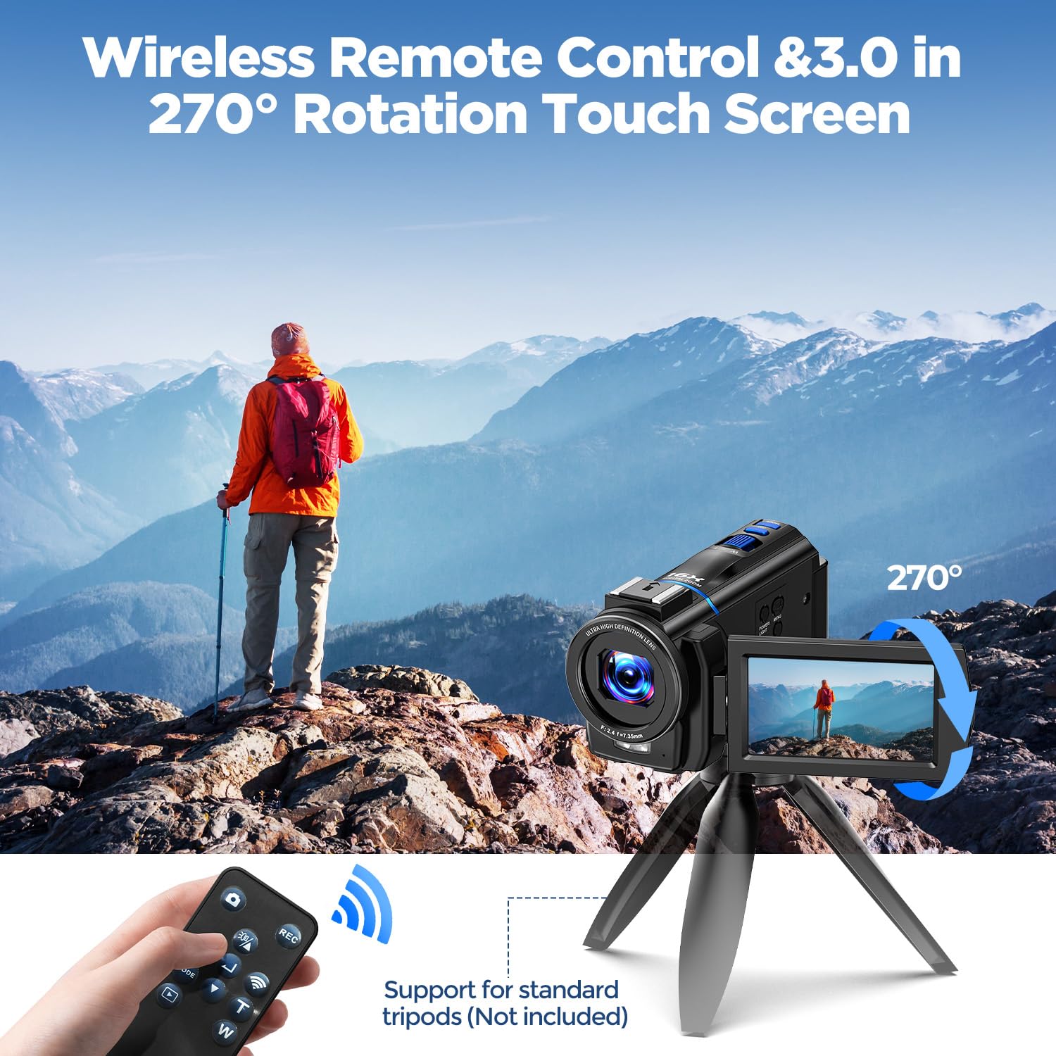 Camcorder 5K 48MP Videocamera YouTube Vlogging, Visione Notturna Webcam, zoom digitale 16X, Schermo Tattile 3" 270°, Camera Vlog con con scheda SD da 32 GB, luce di riempimento, telecomando, Batteria