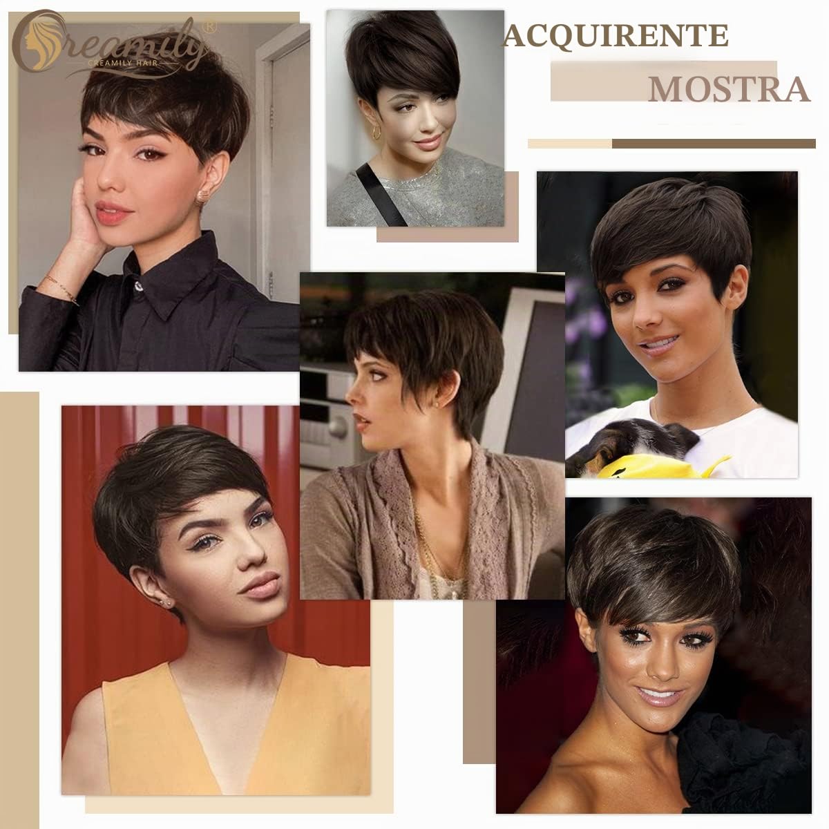 Creamily Parrucche corte castane, parrucca corta Pixie Cut con frangia per donne, parrucche sintetiche a strati naturali per capelli corti da donna, per cosplay, feste, uso quotidiano