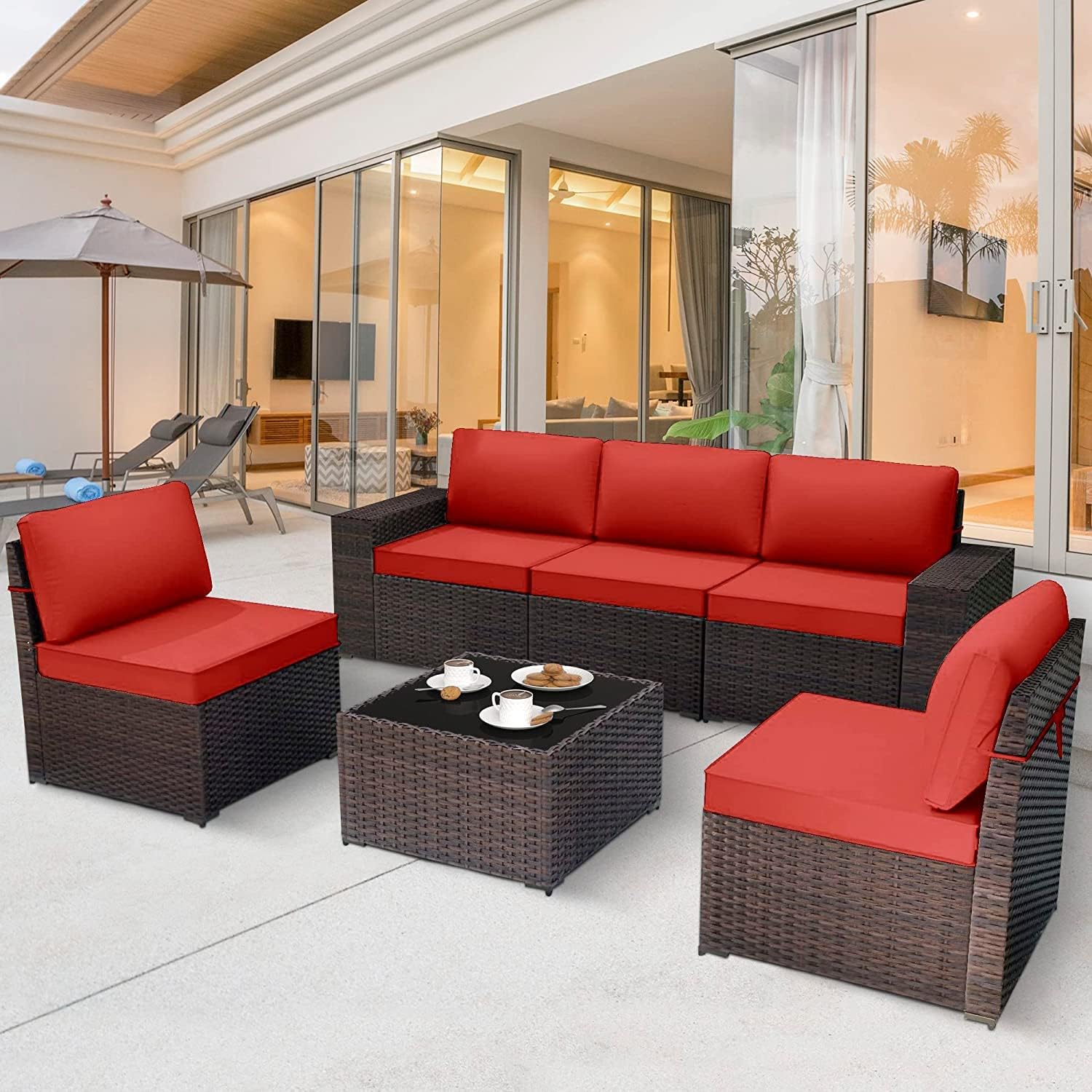 Grezone 6 Pieces Patio Outdoor Furniture Sets All Weather Wicker Sectional Sofa Couch Lawn Sectional Furniture with Washable Couch Cushions and Black-Glass Table (Blue) : Patio, Lawn & Garden