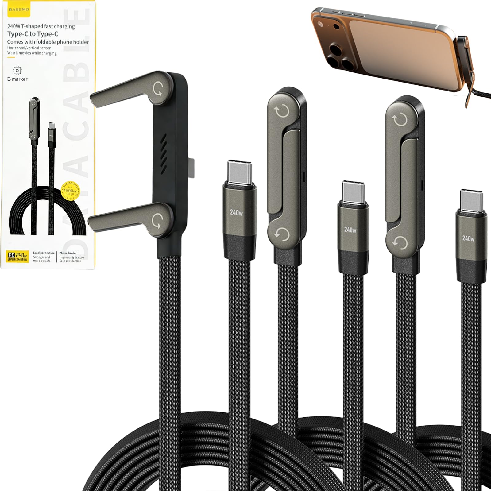 Cavo di ricarica piatto per telefono con supporto regolabile per telefono, angolo retto di 90°, cavo di ricarica rapida da 240 W, cavo di ricarica PD 3.1 intrecciato per iPhone 15, Samsung Galaxy