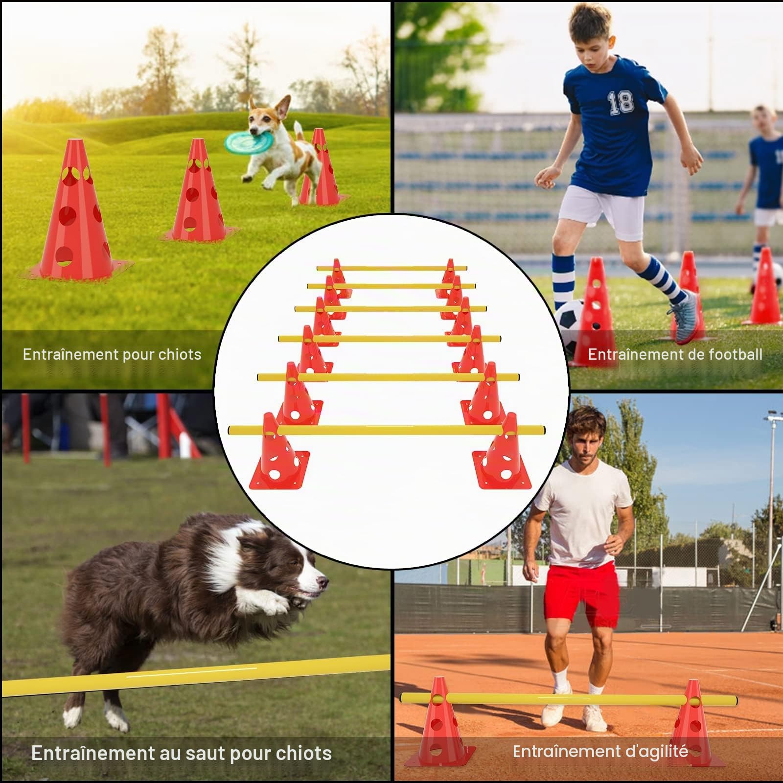 YUENFONG Set de Haies enfichables, Haies Coniques Sport 3 Trous Hauteur réglable Haies d'entraînement Set d'agilité, pour Enfants Sportifs Animaux domestiques(12 cônes Rouges 6 Barres Jaunes)