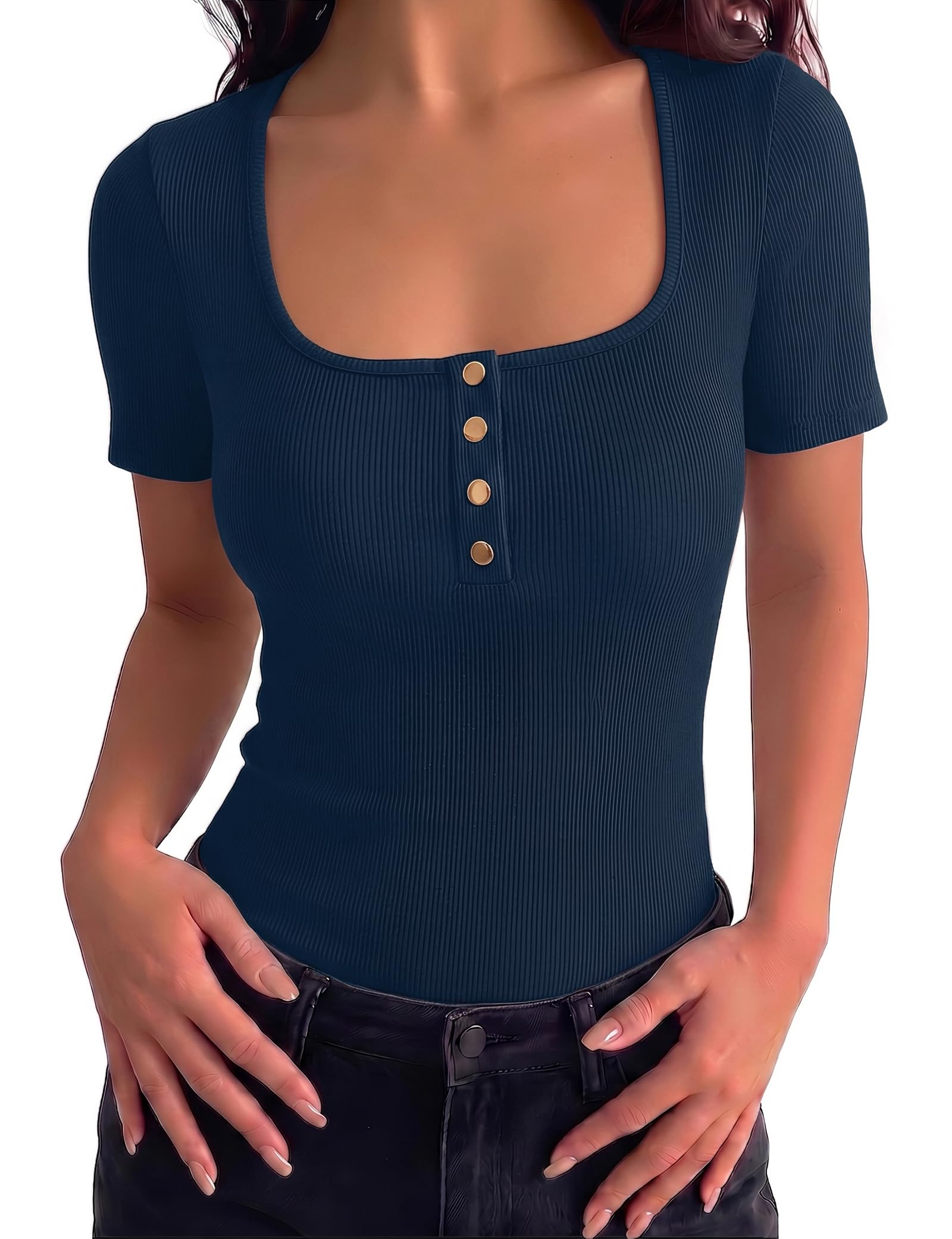 Gyabnw Damen Shirt Kurzarm V-Ausschnitt Knöpfen Sommer Basic Top Bluse Elegantes Tshirt Rippshirt Casual Oberteile