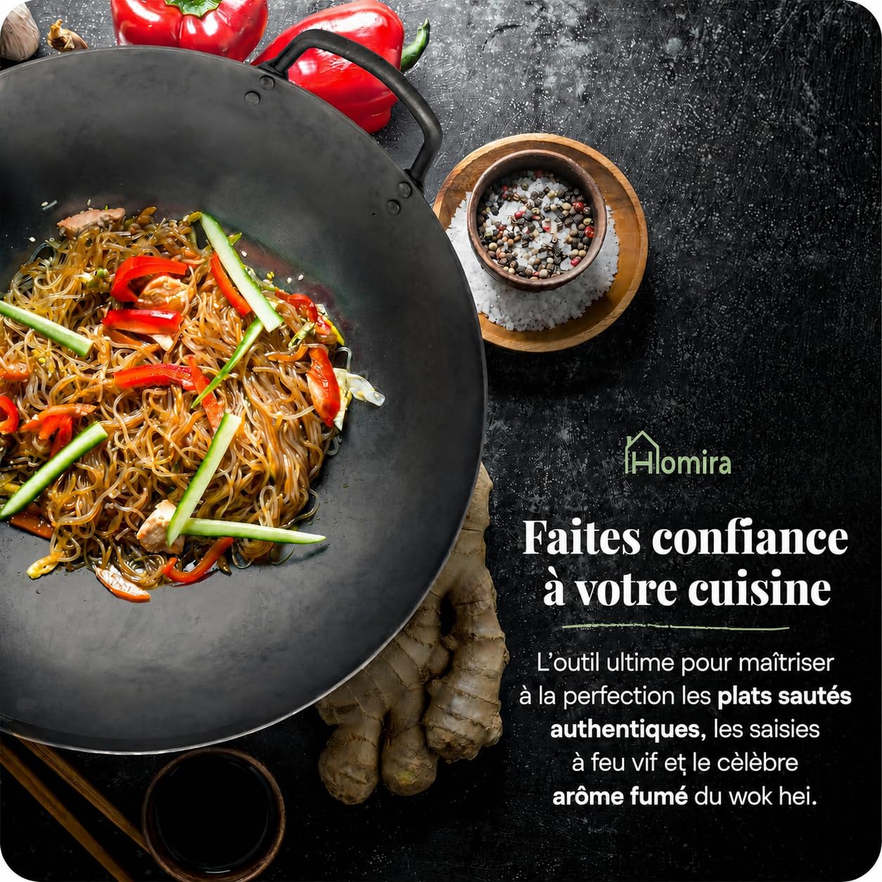 Homira Wok en Acier Carbone de 36 cm, Martelé à la Main, Fond Rond et Manche en Bois – Poêle Wok Traditionnelle sans PFAS pour Gaz, Barbecue, Brûleur à Wok et Cuisine en Extérieur (Fond Rond)