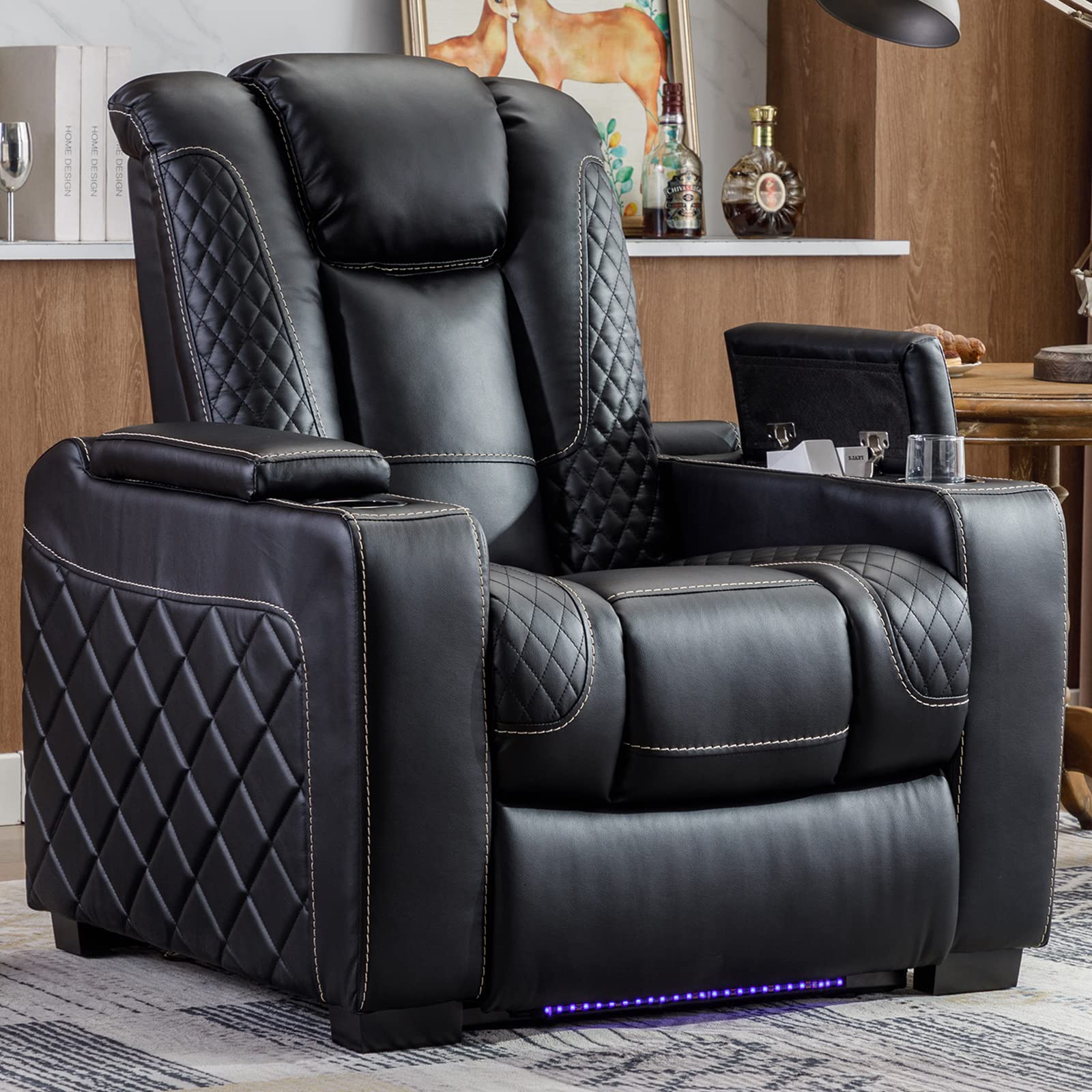CANMOV Electric Power Recliner Chair with Ambient Lighting, Breathable Faux Leather Home Theater Seating Power Recliner with Adjustable Headrest, 2 Cup Holders, Hidden Arm Storage, USB Ports (Black)(STOCK PHOTO SIMILAR BUT NOT EXACT)