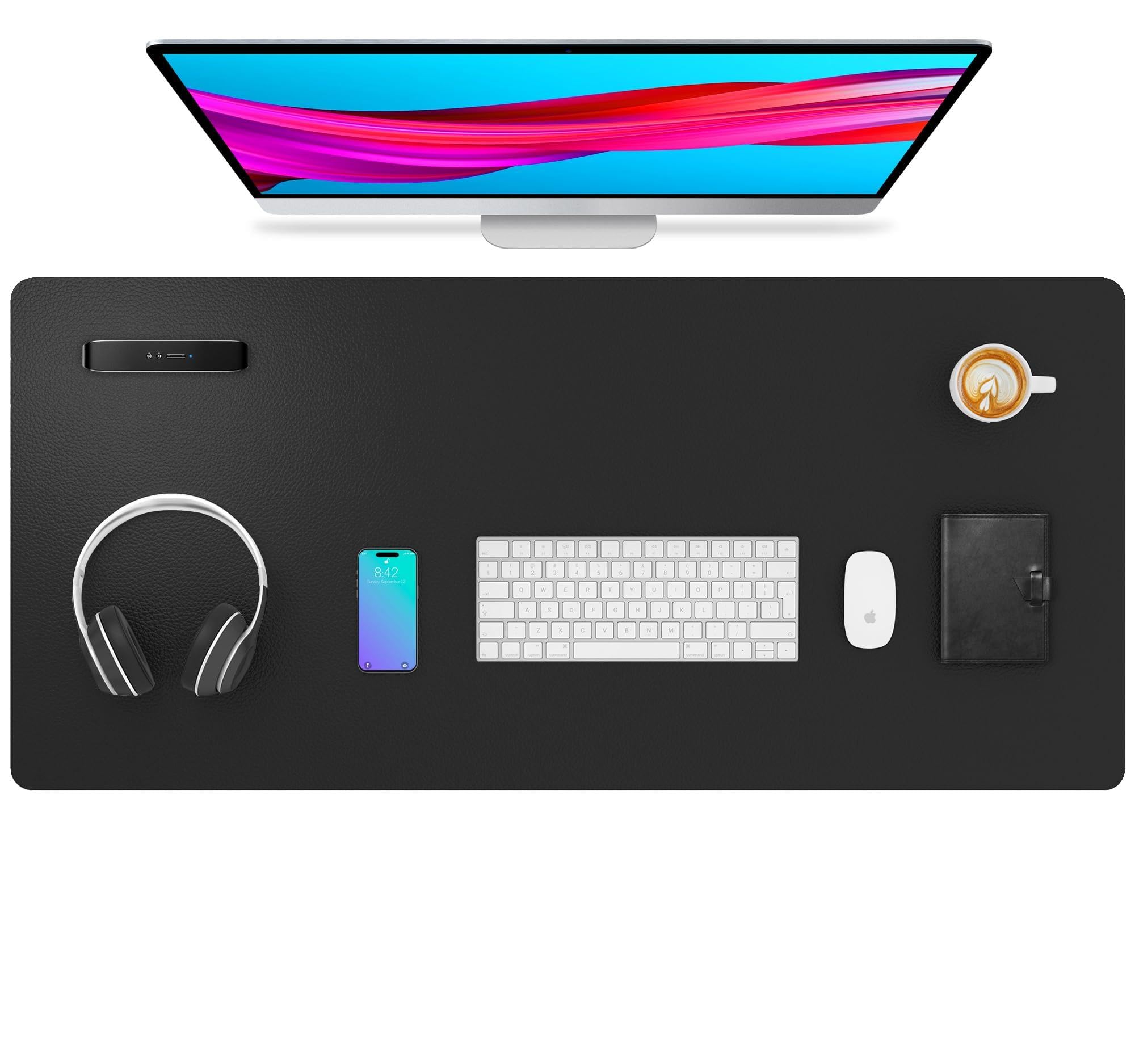 Leather Desk Mat, Mouse Pad, Office Blotting Mat, Non-Slip PU Leather Desk Mat for Office and Home (91x43cm, Black)