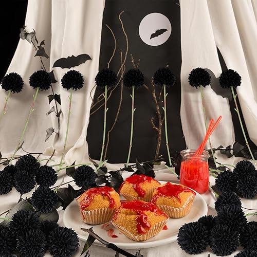 Miniatura 7 de Xunyee 30 piezas de flores negras artificiales de Halloween con tallos de 2.76 pulgadas, flores negras grandes de imitación de seda sintética, bola