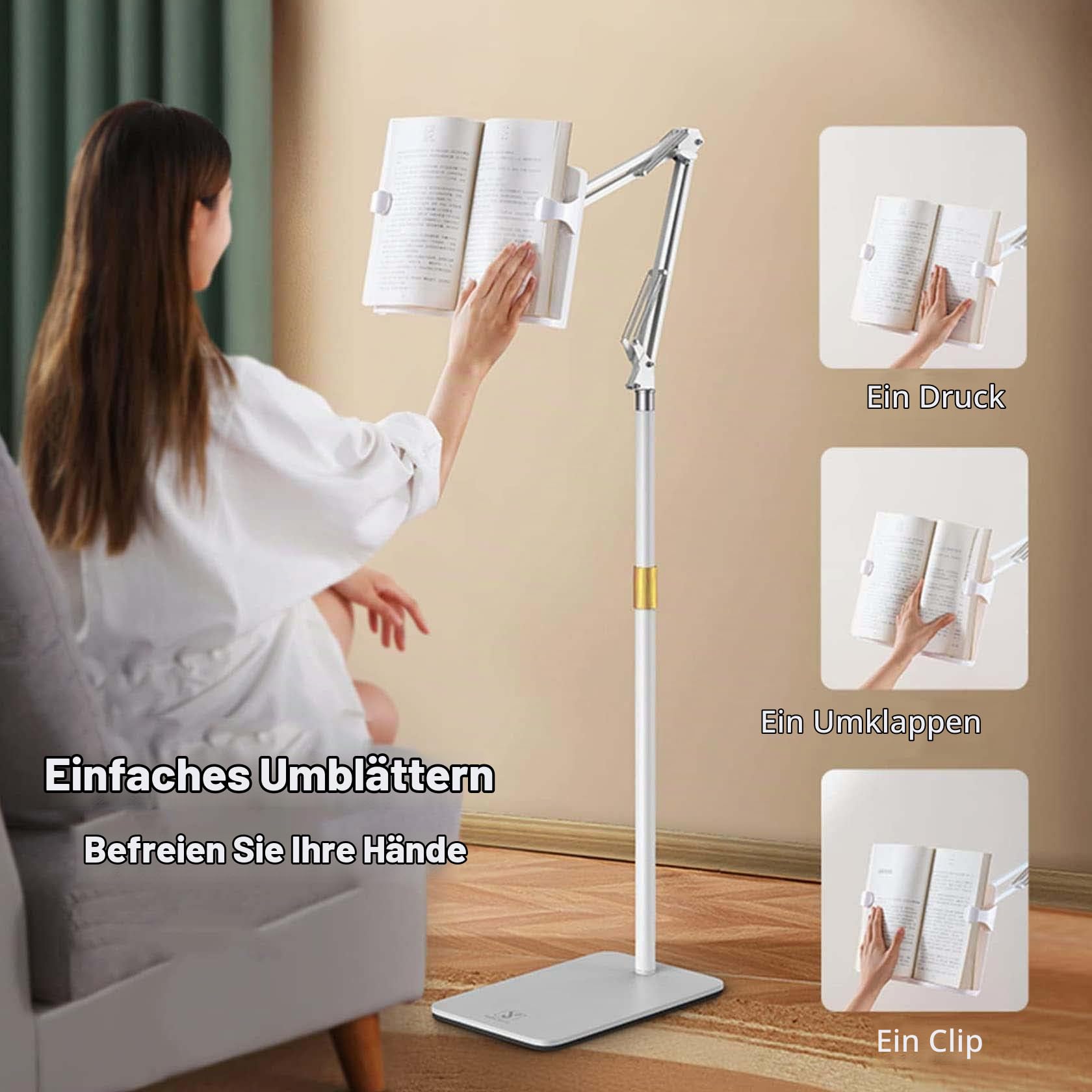Leseständer Buchhalter für Bett Ergonomischer höhen- und winkelverstellbarer Buchhalter zum Lesen im Bett mit Seitenklammern Bodenständer für Buchständer cremefarben