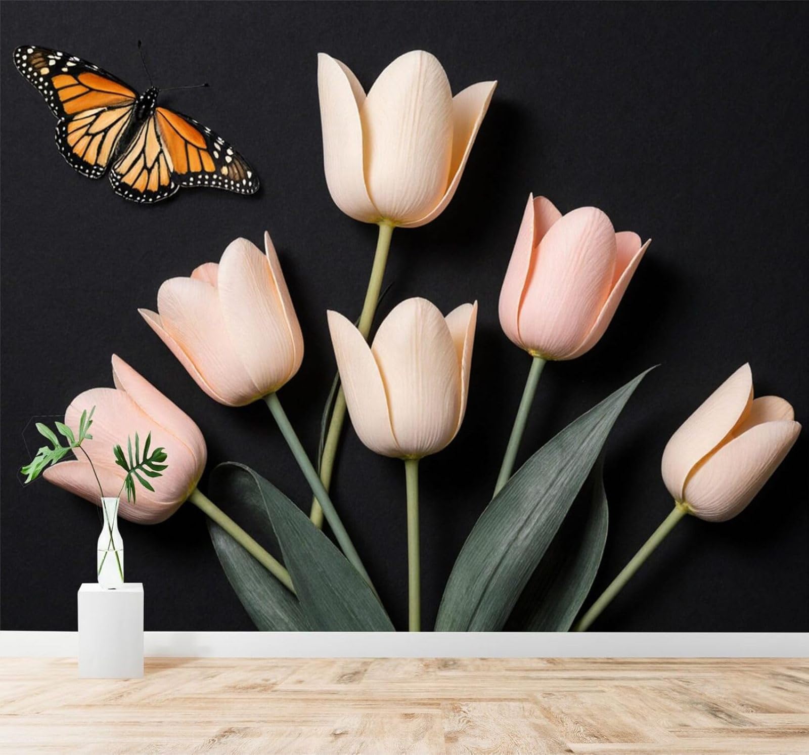 3D Papel Pintado Sencillo Bonito Tridimensional Tulipanes Rosas Mariposas