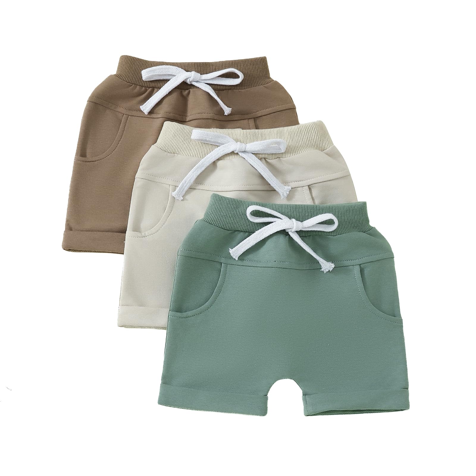 Confezione da 3 pantaloncini unisex per neonati, con coulisse, con tasche, tinta unita, vestiti estivi per bambini