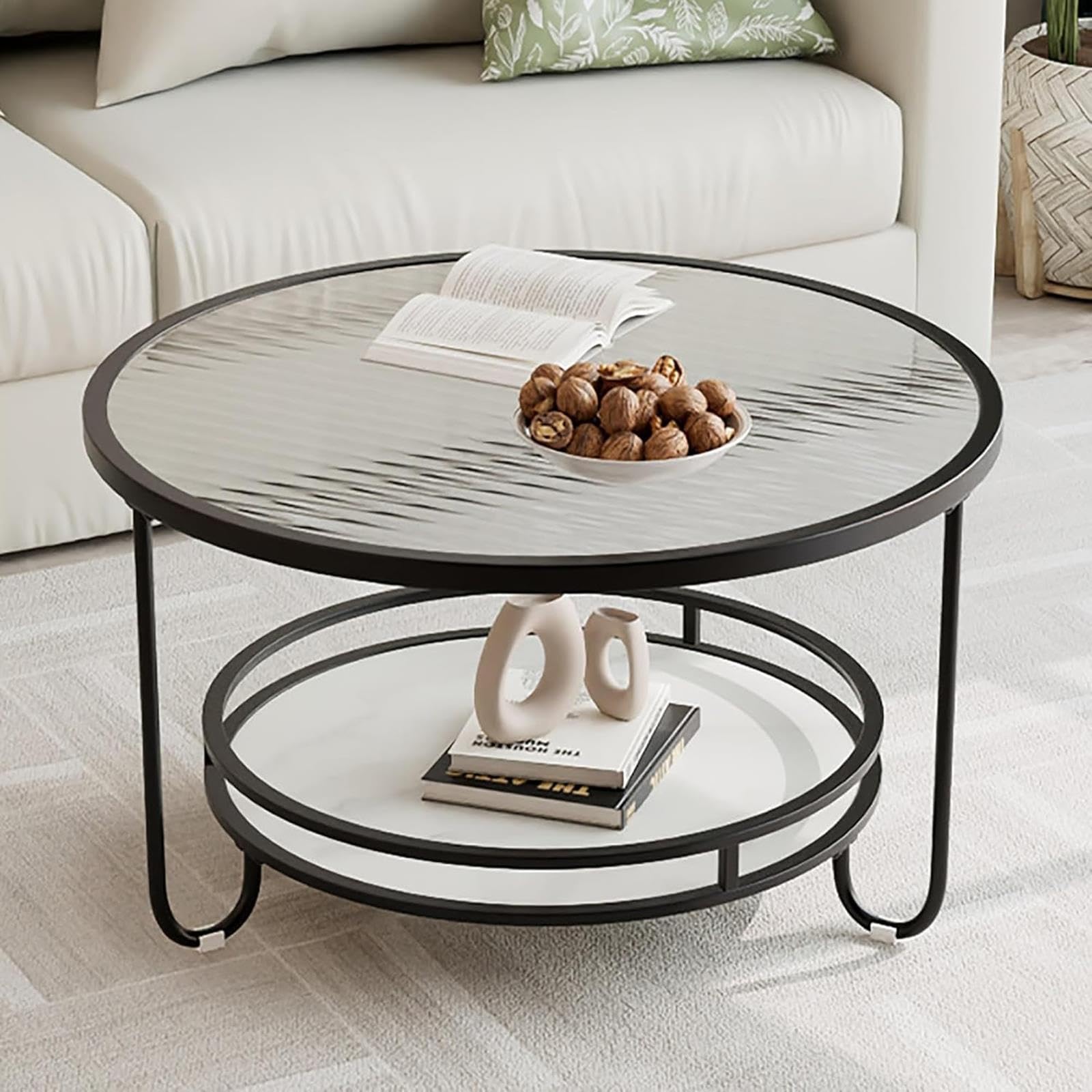 Couchtisch Glas Rund 2 Etagen, Wohnzimmertisch Glasplatte 80cm
