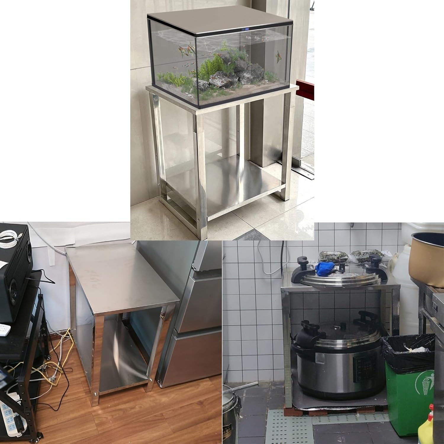 2-Layer Stainless Steel Work Table Household Water Proof and Rustproof Fish Tank Rack Silent Non-Slip Foot Pad Kitchen Worktop Load 300kg