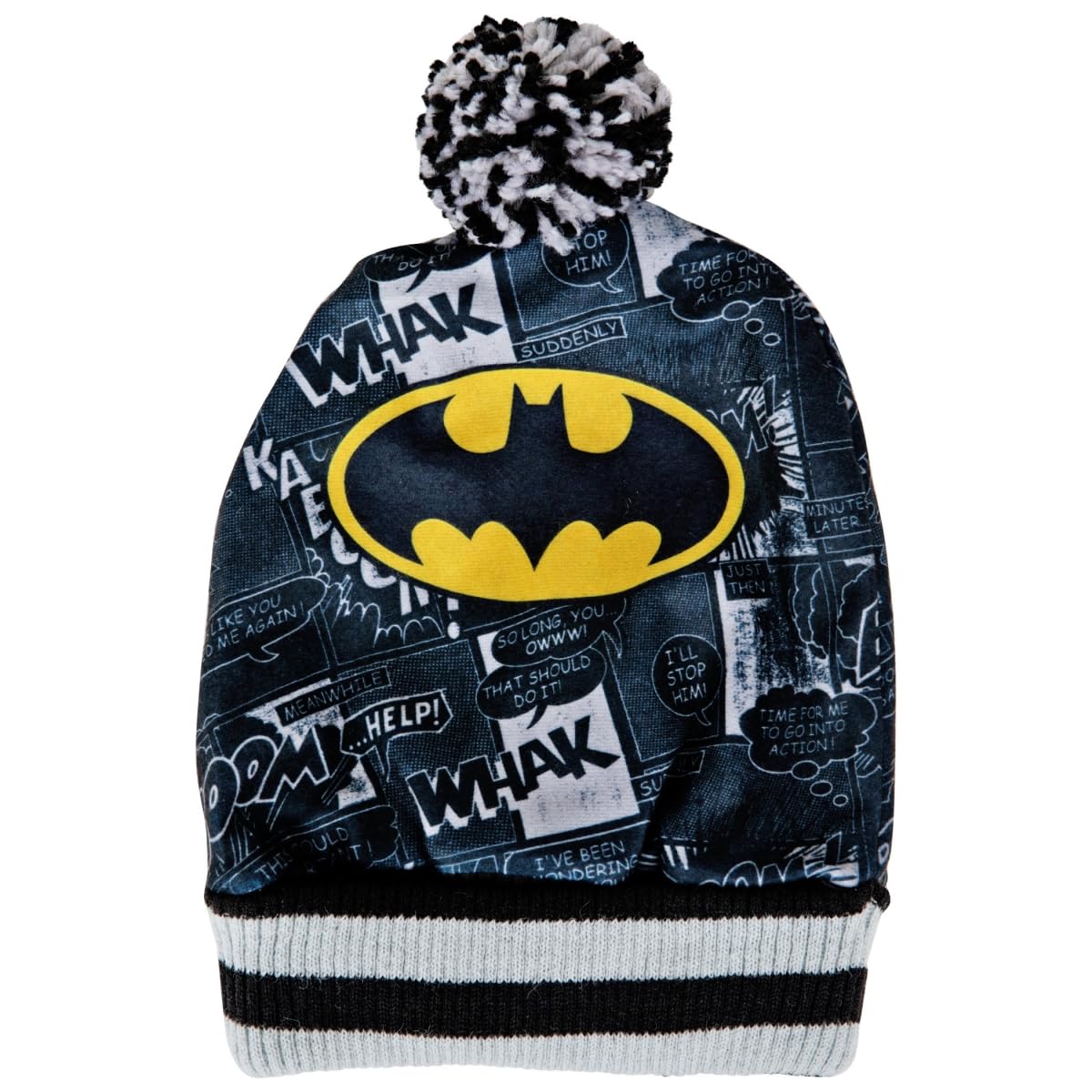 Spoontiques Batman Beanie - Cotton Puff Ball Beanie Hat with Comic Book Design & Batman Logo - Cozy Winter Cap for Superhero Fans, Black & Gray