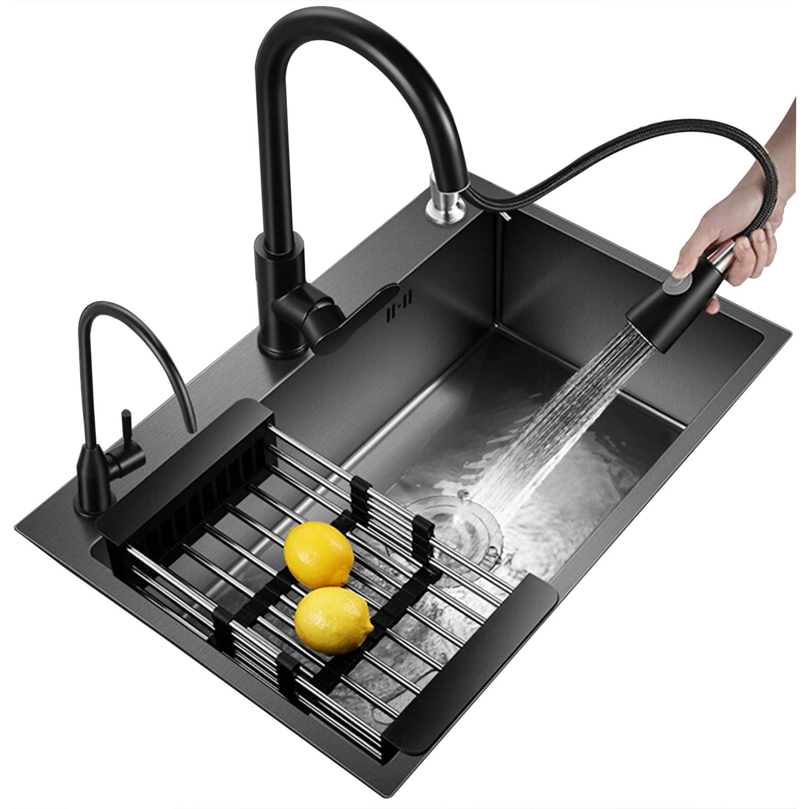 Lavello da Cucina Lavello Rettangolare in Acciaio Inossidabile Nero, 19,7-31,5 Pollici Rubinetto * 2, cestello allungabile, distributore di Sapone lavello da Cucina Bar lavello