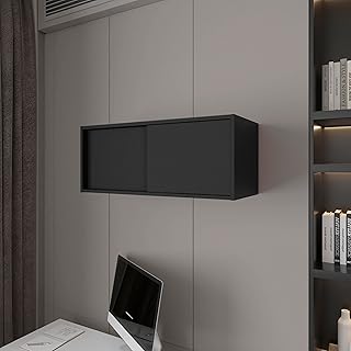 Modern Floating Sliding Door Cabinet: Black Melamine Storage Unit - 31.9...
