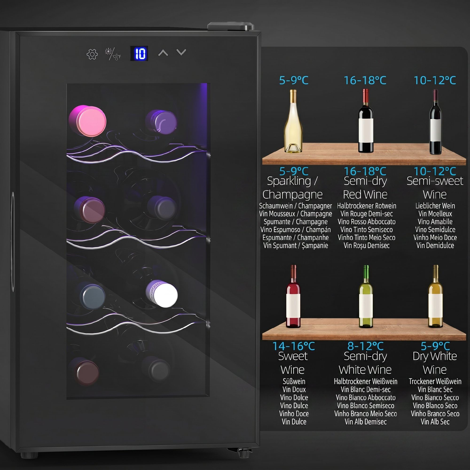 HOMCOM Weinkühlschrank 1 Zonen 8 Flaschen 21L 8-18°C Thermoelektrik LED Touch-Display Schwarz