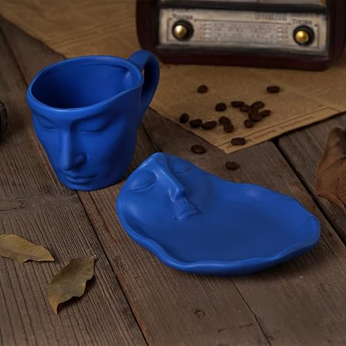 Miniatura 4 de Juego de tazas de café de cerámica con platillo y cuchara, taza de cara creativa, tazas de té de arte abstracto, regalo romántico para esposa,