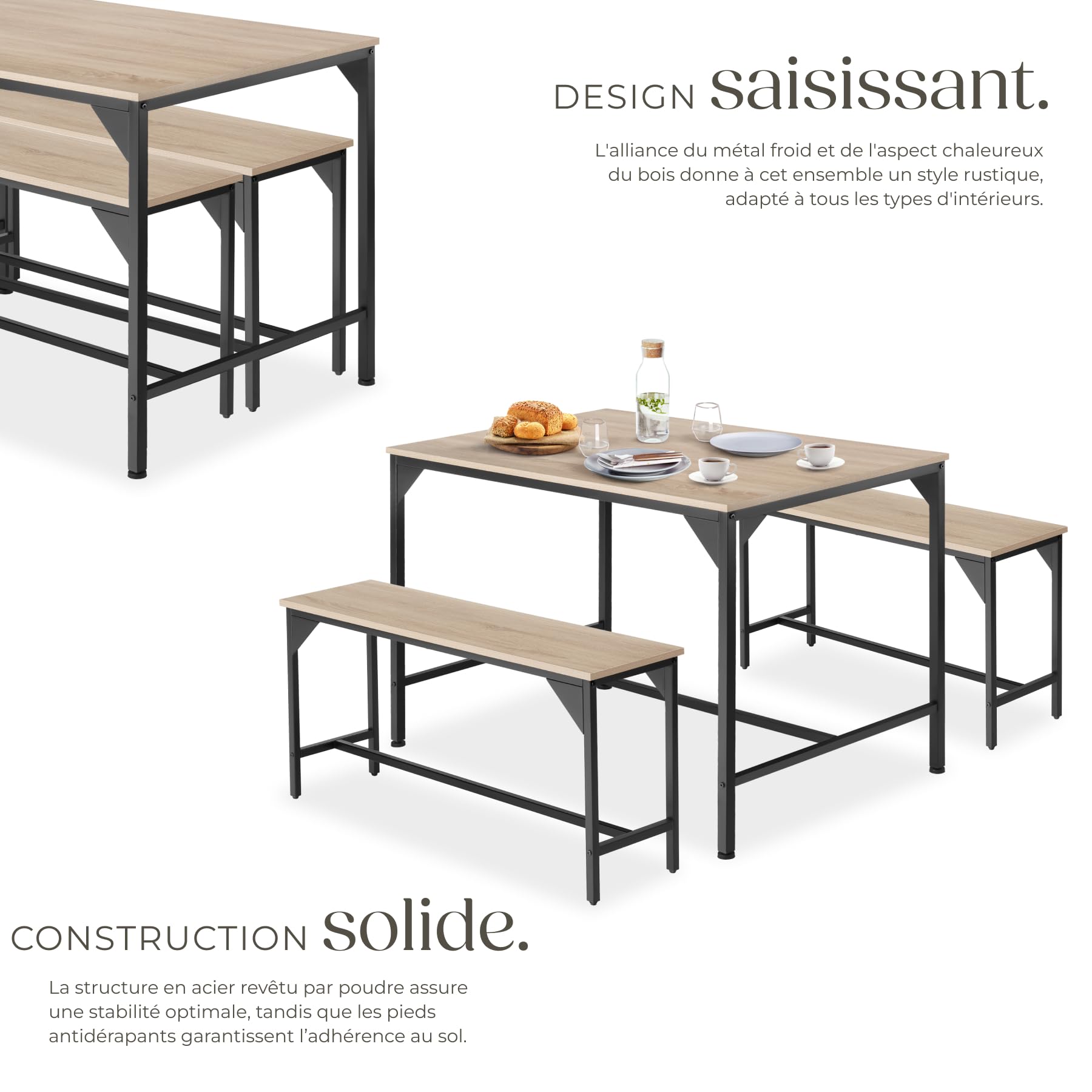 tectake® Ensemble Table et Banc Salle à Manger en Bois et Acier Table de Salle à Manger 2 Bancs Style Industriel Scandinave - Chêne Sonoma/Marron Clair Industriel