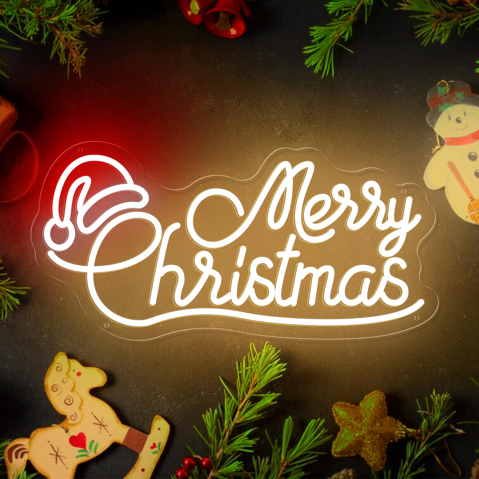 Merry Christmas Neon sign with Timer Remote, Warm White Red LED Christmas Neon Light for Christmas Decoration, Bedroom, Living Room, Home Decor Christmas Party Gift New Year Event Area