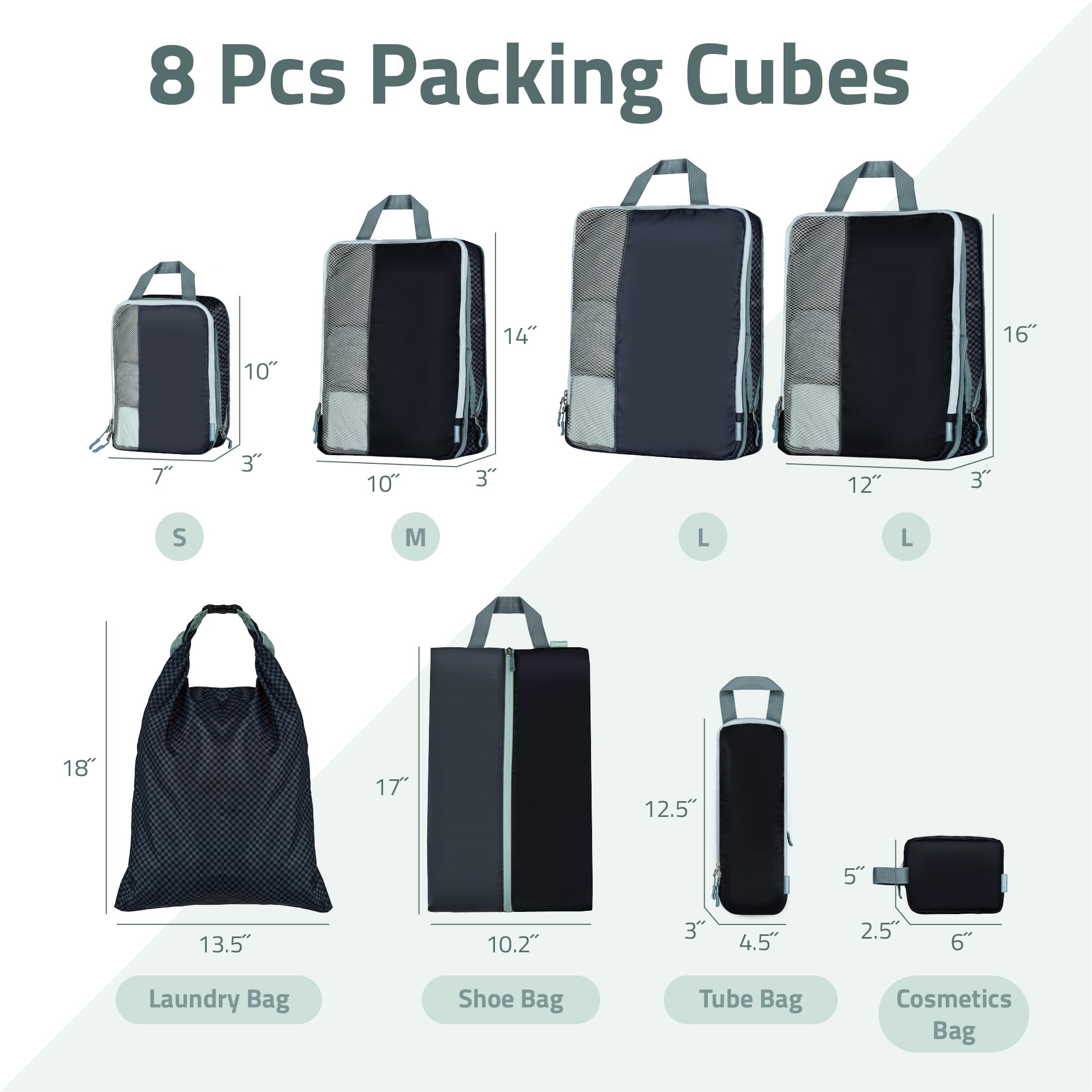 Set mit 8 Kompressions-Verpackungswürfeln für Reisezubehör, erweiterbare Taschen für Kleidung, Toilettenartikel, Rucksäcke, Organisation von wichtigen Gegenständen (schwarz und grau)