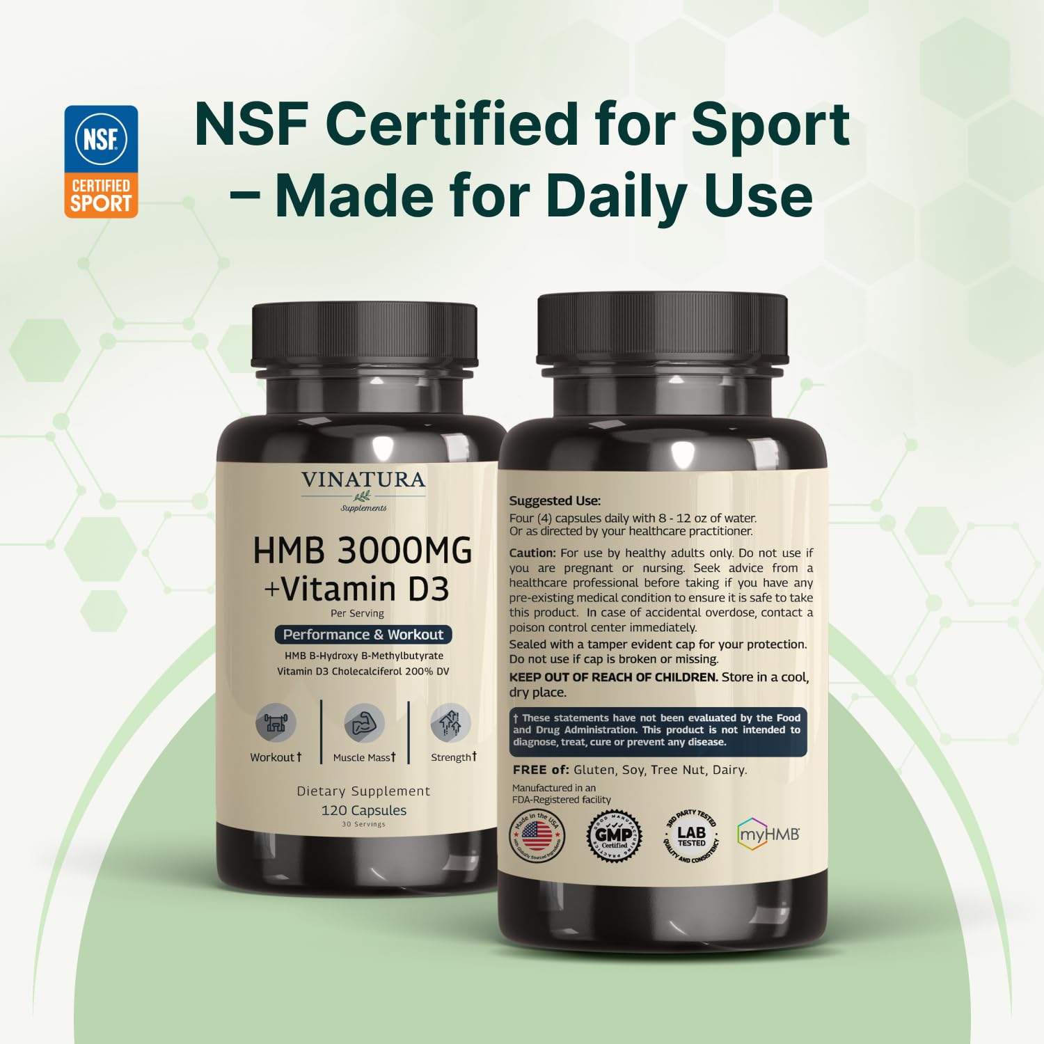 VINATURA HMB 3000mg and Vitamin D3 Supplement - Muscle Defense with HMB (Beta-Hydroxy Beta-Methylbutyrate), Vitamin D3 (1600 IU), Labs Tested & NSF Certified for Sport - 120 Capsules — Amazon image 8
