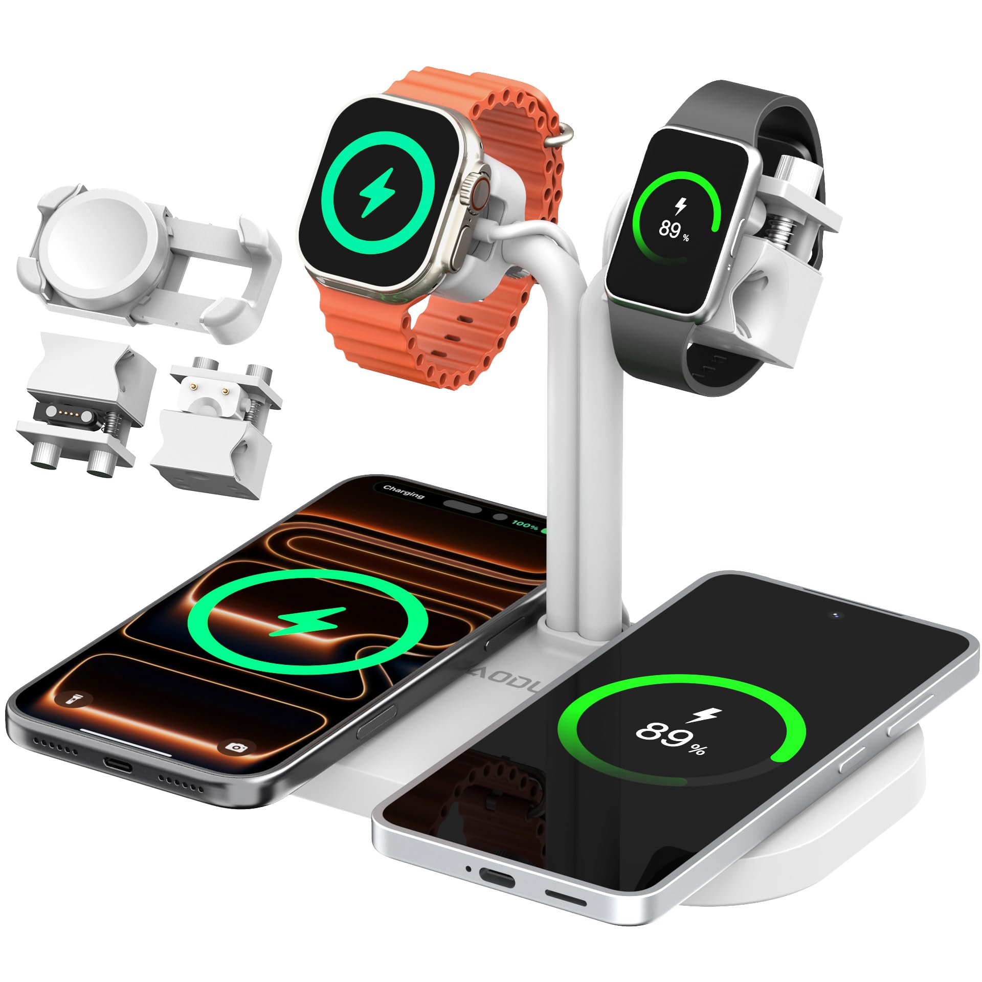 Stazione di ricarica 4 in 1, caricabatterie wireless per doppio telefono e supporto per smartwatch/cinturino, compatibile con iPhone, Samsung e Google, per AirPods, Galaxy Fit, Xiaomi, Amazfit