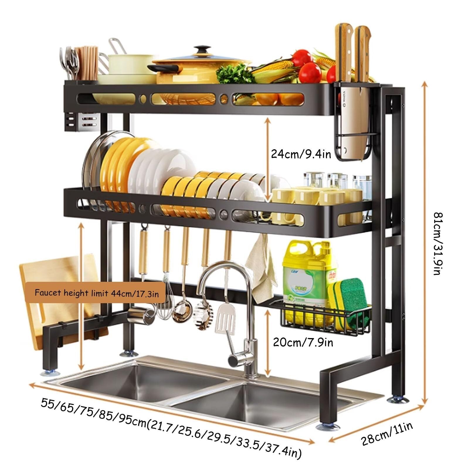 3-poziomowy ociekacz do naczyń, duży stojak do suszenia ze stali węglowej z silikonową powłoką, zlewozmywak kuchenny, Orga 75 cm / 29,5 cala (55 cm) rozwiązanie oszczędzające miejsce
