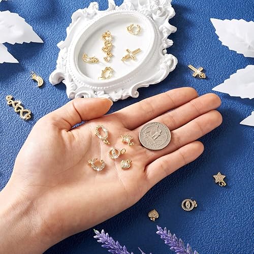 Miniatura 5 de 16 piezas de latón micro pavimentar circonita cúbica corazón cruz luna encantos estrella de cristal Hamsa mano plana redonda con ojo colgantes con