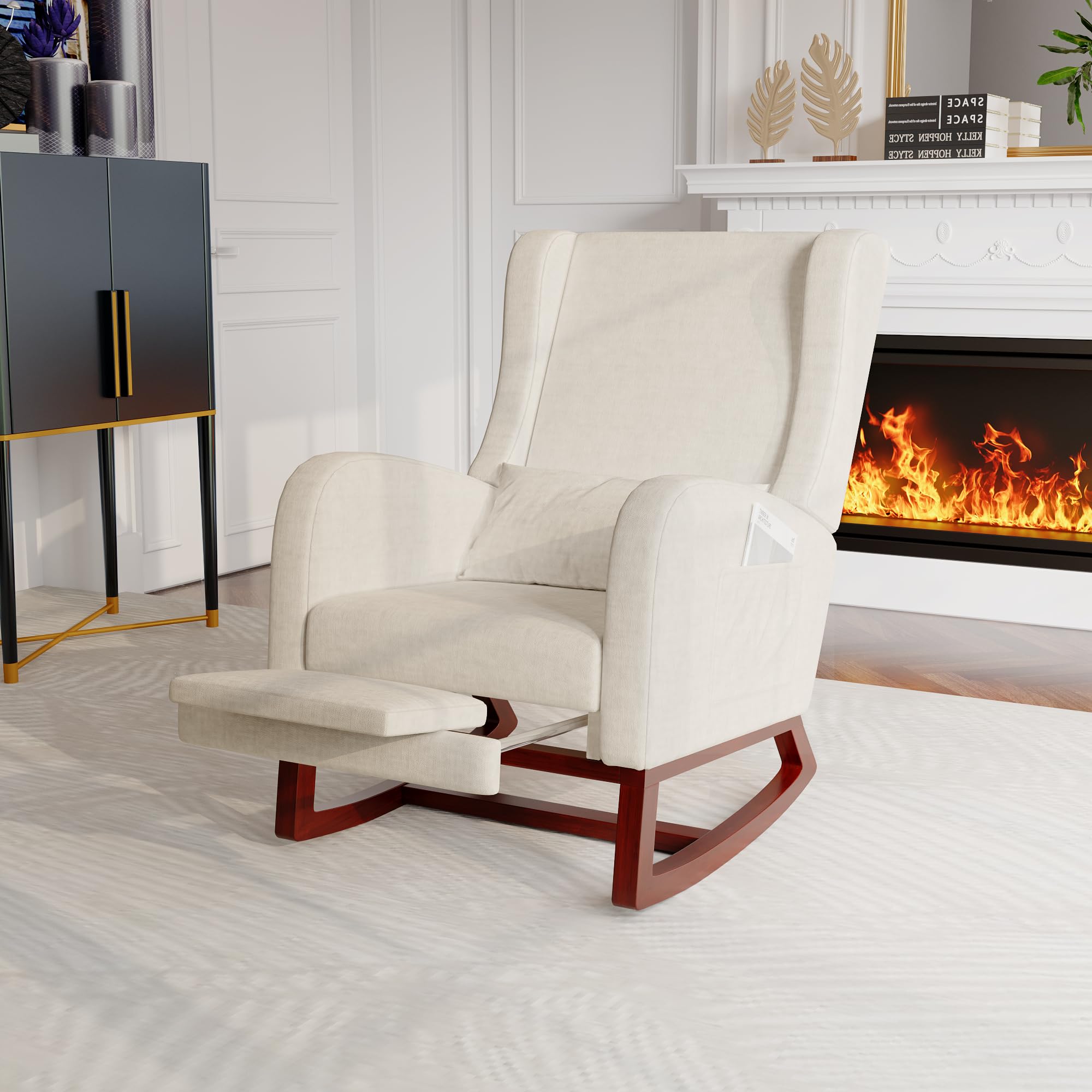 Générique Fauteuil à Bascule en Velours, Chaise a basule avec Oreiller Lombaire, Poche latérale et Repose-Pieds, Rocking Chair, Fauteuil de Salon à Bascule pour Salon, Chambre (Beige)