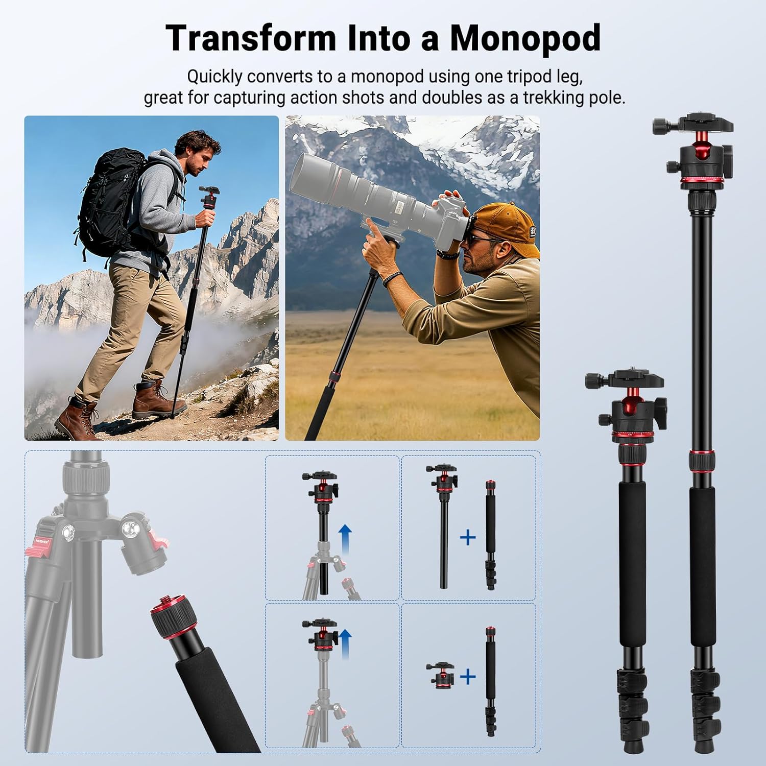 NEEWER Basics 72" / 182 cm Travel Tripod Monopod for Camera, Compact Lightweight Portable Video Recording Stand, Arca Type Ball Head, Cell Phone Holder Compatible with iPhone, Max Load 13.2 lb, TP14B - Image 6