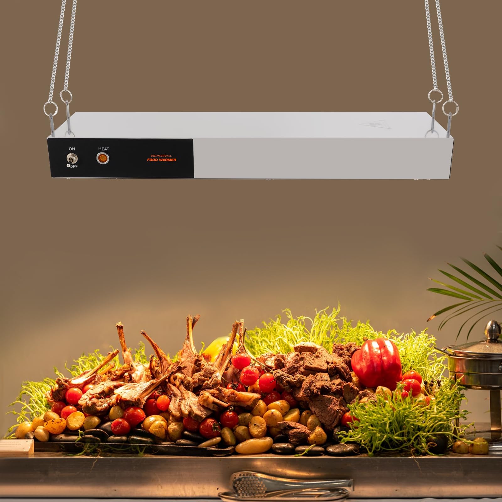 Lámpara de calor para cocina, calentador de alimentos, 750 W, acero inoxidable, temperatura 30 – 50 ℃, mantiene la superficie caliente 5 x 3 m, altura ajustable, para mantener la comida