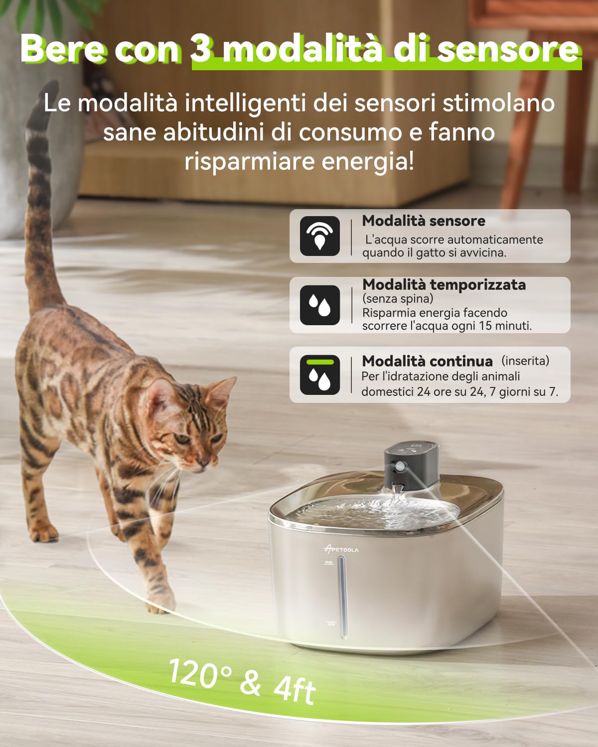 Fontana per Gatti Senza Fili con Rilevatore di Movimento, APETDOLA 4L Fontanella in Acciaio Inossidabile Cordless con Batteria 4000 mAh, Fontana Ultra Silenziosa per Gatti FS10pro (Nero, 1 filtri)