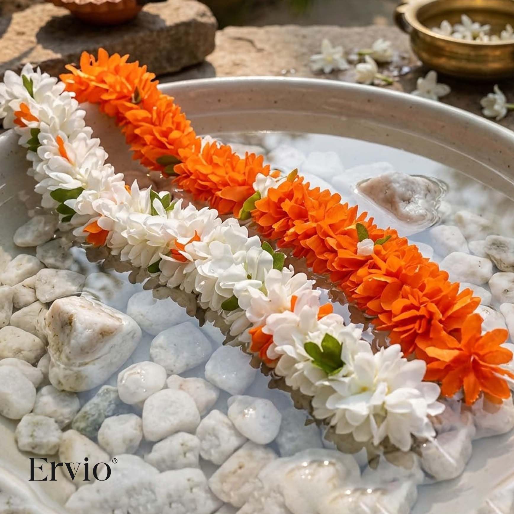 Gozby WellPoint Jasmine Fabric Gajra for Women | Artificial Flower Hair Accessory (White & Orange, 10 Inch) | South Indian Bridal Bun Gajra | Reusable Floral Hair Decoration for Wedding & Festivals