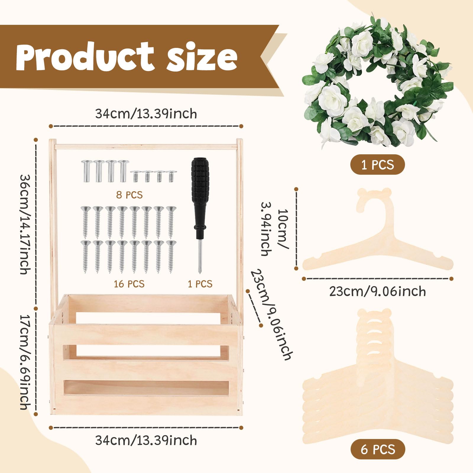 Holz Baby Geschenk Korb mit Griff, Kinder Kleiderbügel und Girlande, Holz Babyparty Schrank, Baby Aufbewahrungskorb,Personalisierte Baby Korb für Schwangere Neue Eltern(Holzfarbe)