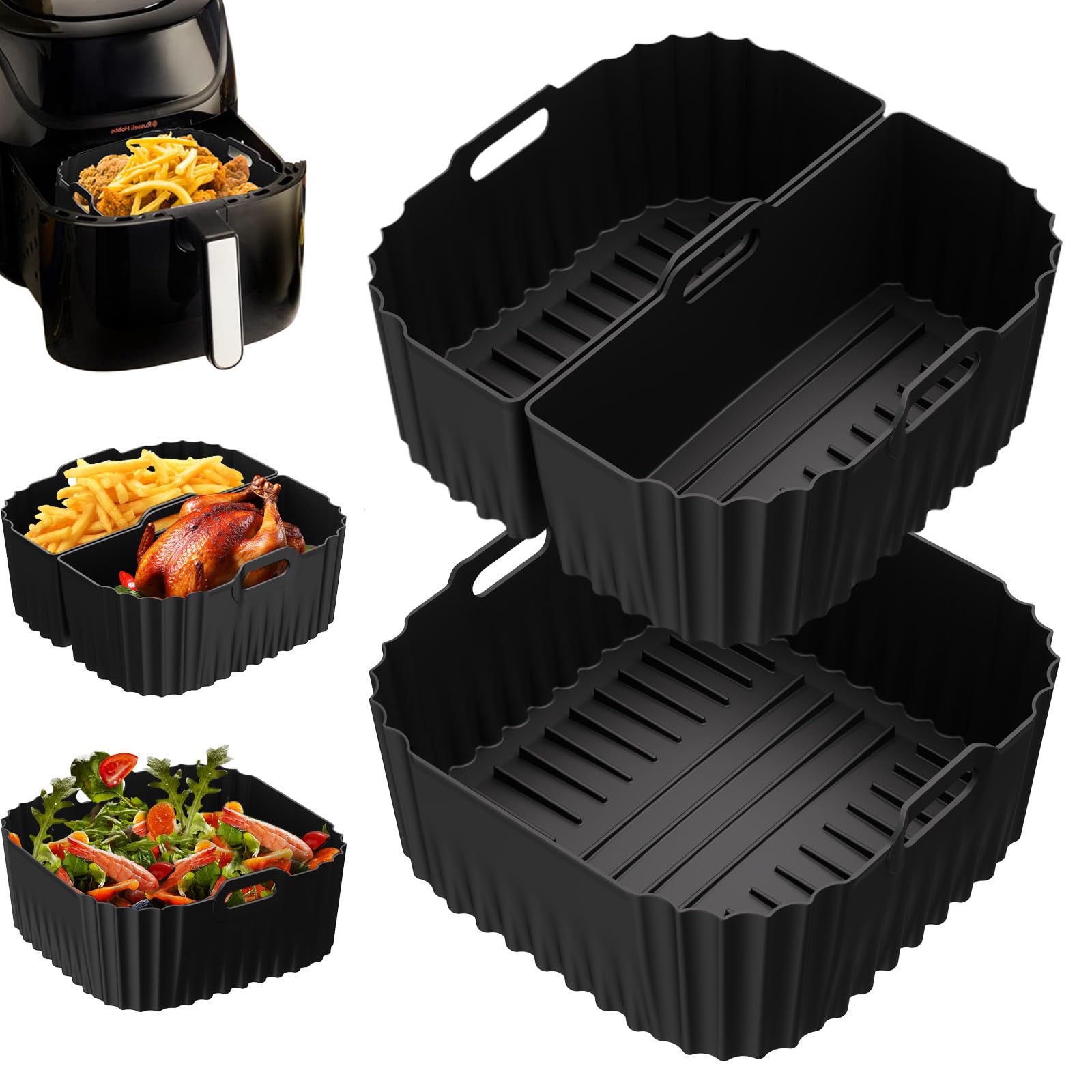 23-25cm Molde Silicona Freidora de Aire para Russell Hobbs Freidora de Aire 8L/8.3L, Reutilizable Recipientes Cuadrado Cesta Utensilios para Air Fryer, Microondas, Horno