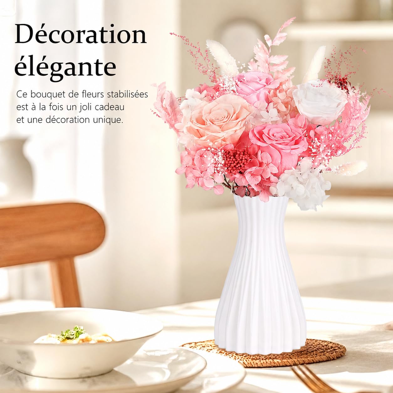 Bouquet de Rose Eternelle Rose avec Vase, Fleur Eternelle Cadeau, Boite Rose Eternelle, Cadeau pour Femme, Maman, Copine, Amie, pour Saint-Valentin, Anniversaire, Fete des Meres