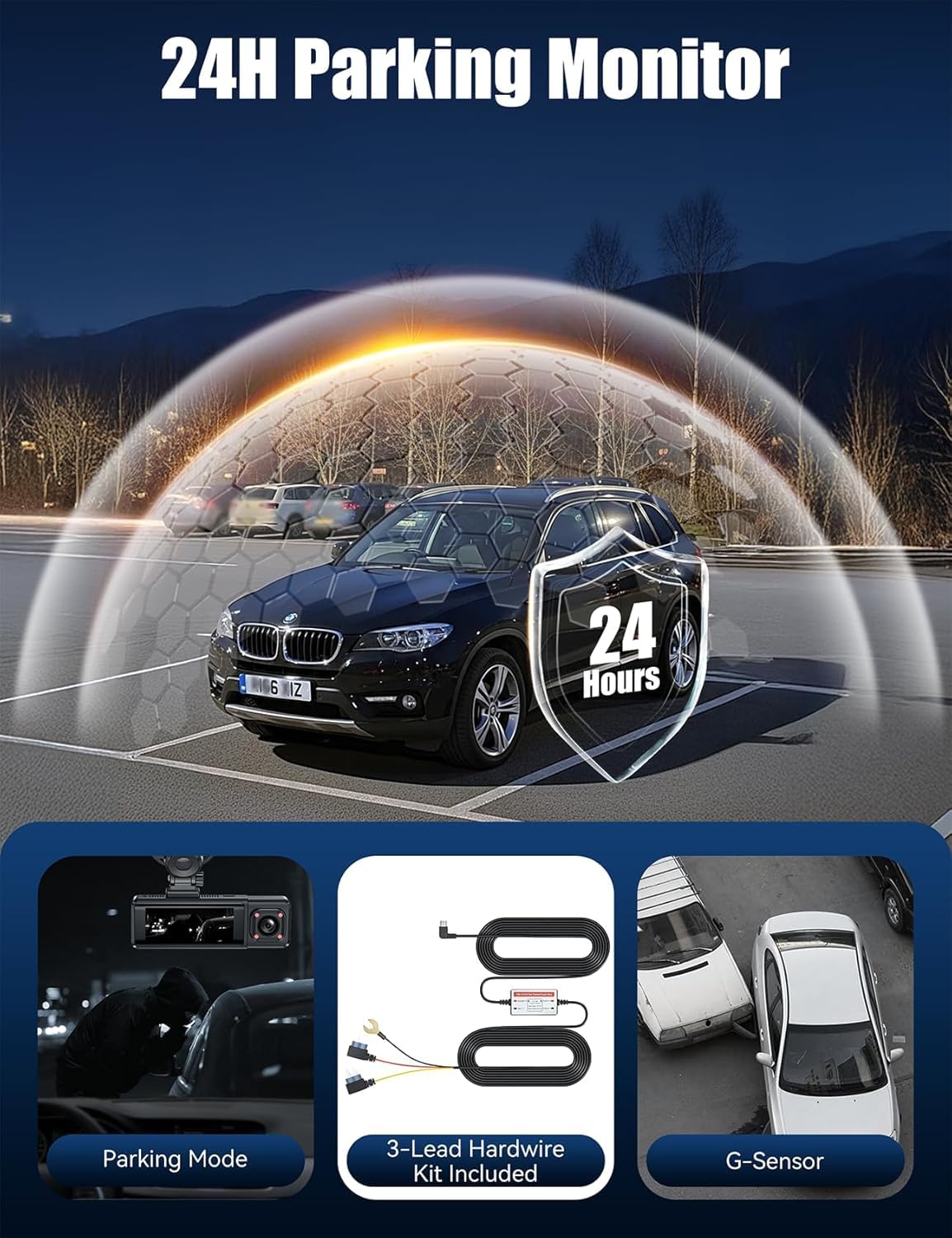 Dashcam 3 Cámaras | 4K Delantera + 1080P Interior y Trasera | WiFi 6 | Pantalla IPS 3,16'' | Visión Nocturna | Sensor G | Grabación en Bucle | 64GB