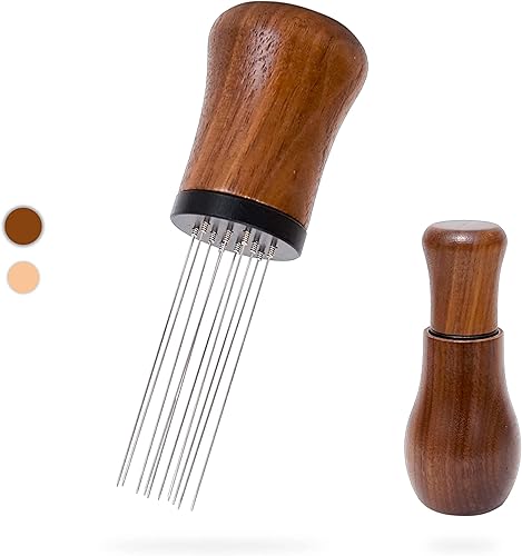WDT - Herramienta de distribución de espresso, 10 agujas de 0.014 in, agitador de café expreso, mango de madera natural con soporte (nogal)