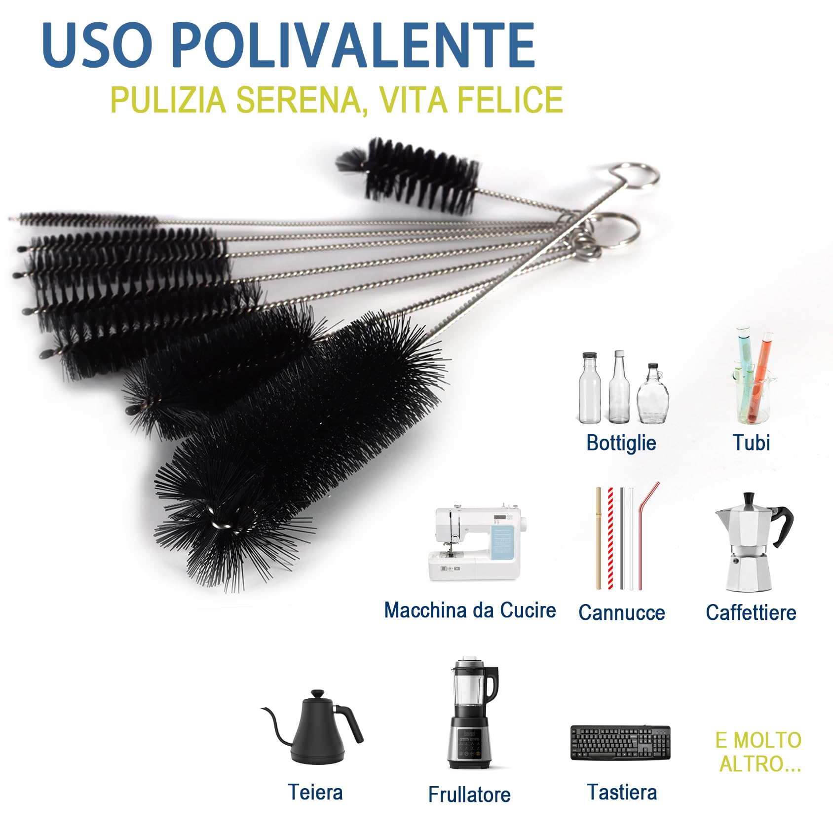 Spazzola Per Bottiglie, Set Di 8 Spazzolini In Nylon Per Cannucce E Tubi, Per Pulire Bottiglie A Collo Stretto, Biberon, Barattoli E Beccucci Di Teiera (Nero)