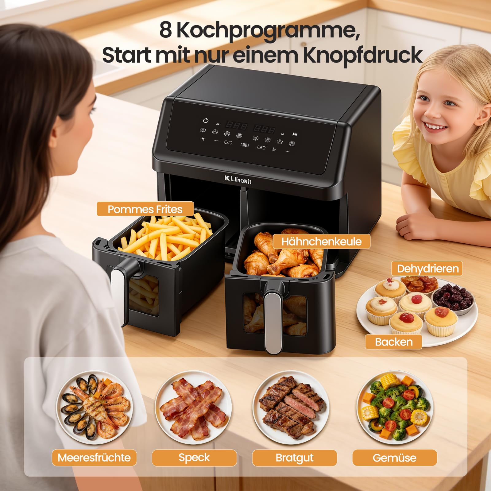 LLIVEKIT 9L Doppelkammer Heißluftfritteuse, 2x4,5L Airfryer mit automatischer Abschaltung, 4D Umluft, 70% energiesparend, 8 Programme, Sync-Finish, spülmaschinenfest, PFOA-frei