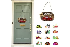 Rustic Wooden Welcome Sign with 12 Interchangeable Seasonal Icons for Year-Round Home Decor