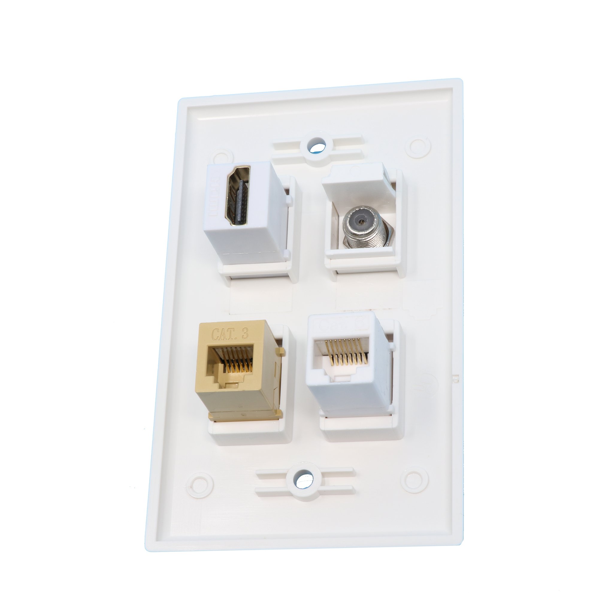 Riteav - Piastra A Muro Con 3 Ingressi: Cavo Coassiale TV Tipo F + RJ11/RJ12 Nero + CAT5e Ethernet Bianco - Viti Incluse - 2
