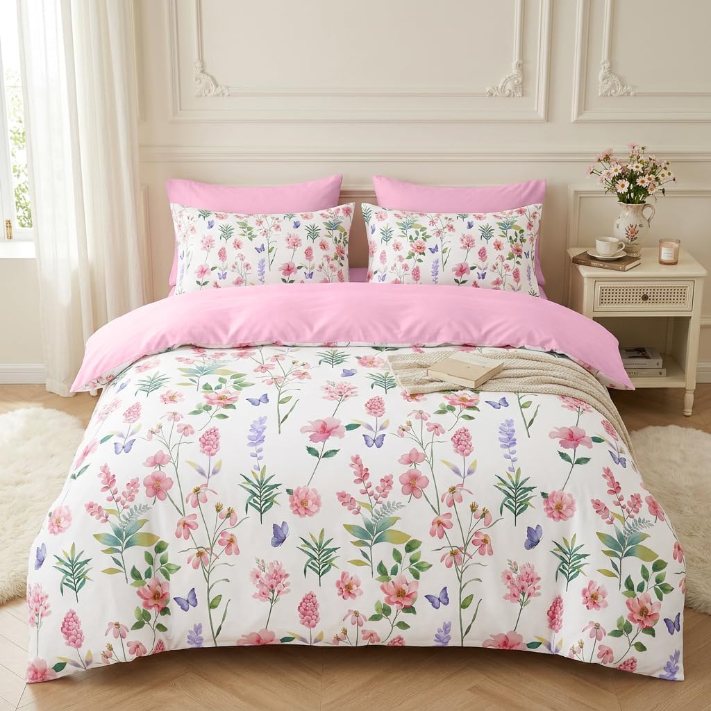 CCoutueChen Pink & Green Floral Bedding Set, Queen, 3 Pcs, 90"x90" | For Girls, Botanical Comforter, Cottagecore Decor, Soft Microfiber, 2 Pillowcases