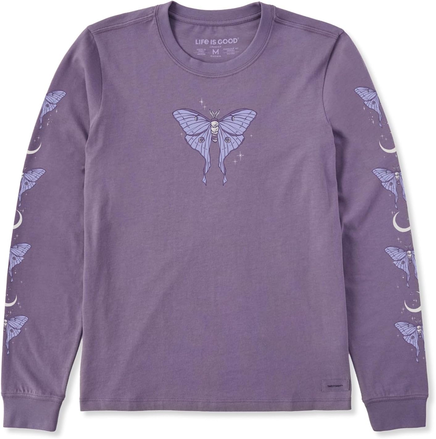 Life is Good. Women's Celestial Luna Moth Long Sleeve Crusher Tee, Dusk Purple