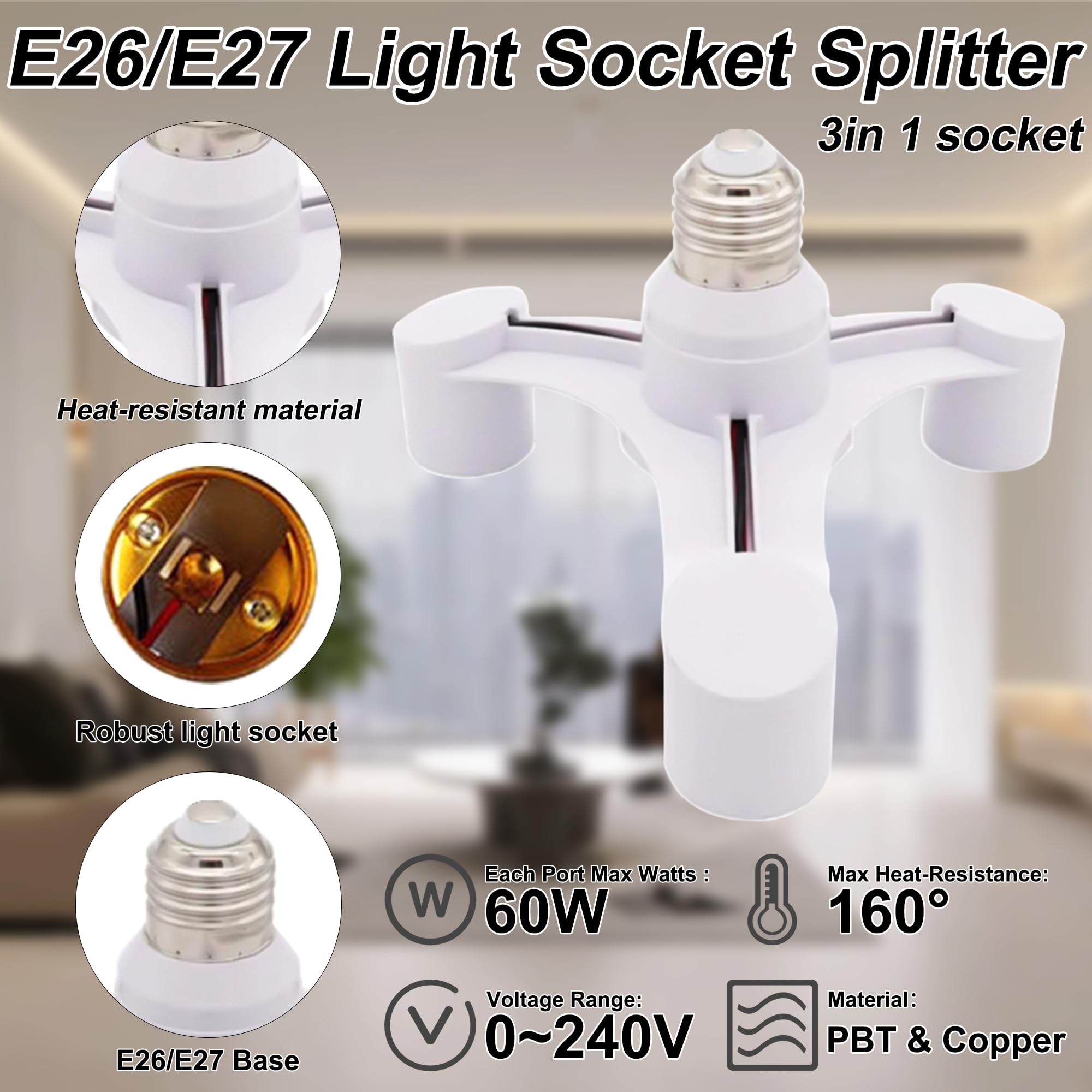 3 in 1 Light Socket Splitter - E26/E27 Light Bulb Splitter Adapter, 3 Way Bulbs Expand Lighting, Multi-Socket Extender for LED/CFL/Motion Bulbs & Bulb Camera, Extension Socket Lamp Holder Converter